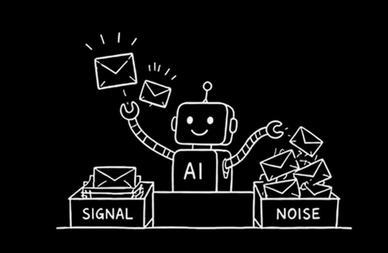 Illustration: a friendly robot sorting emails into a Signal box and a Noise box.