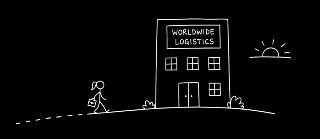 Illustration: a small figure walking up a hill toward the Worldwide Logistics office as the sun rises.